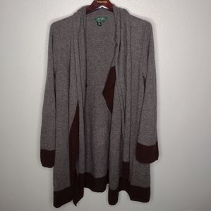 Lauren Ralph Lauren Cardigan Sweater Duster Medium Gray Open Wool Cashmere BB